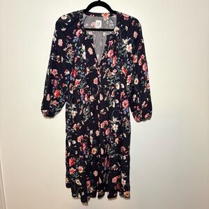 Gap Maternity Floral Tiered Mini Dress Botton Front Navy Blue Pregnancy